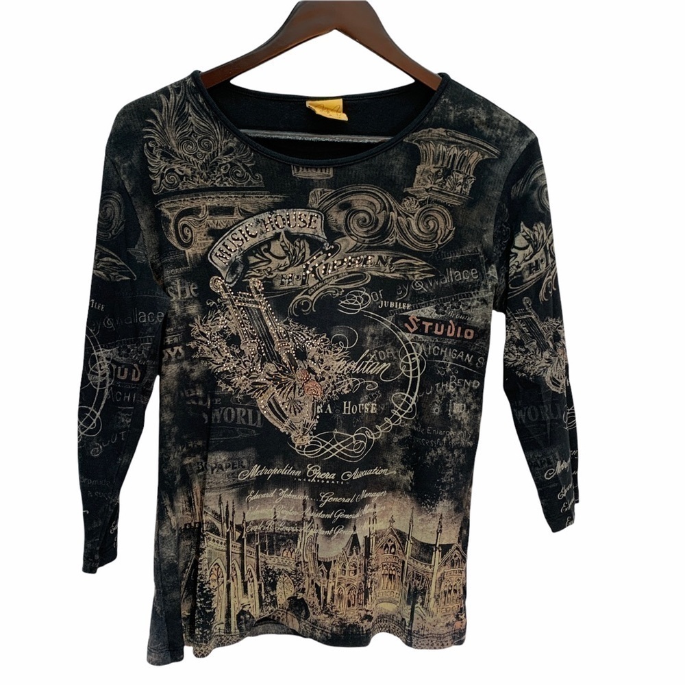 MONA Lisa🖤Graphic Black 3/4 Sleeve Scoop Neck T-Shirt Top